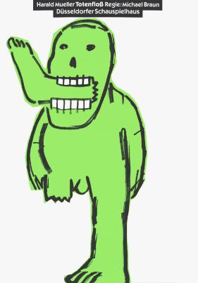 Posters depicts: Cartoon illustration of a green man with his leg ripped off, eating his leg 