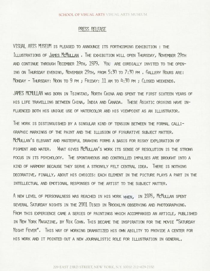 Press Releases depicts: Typewritten description of exhibition