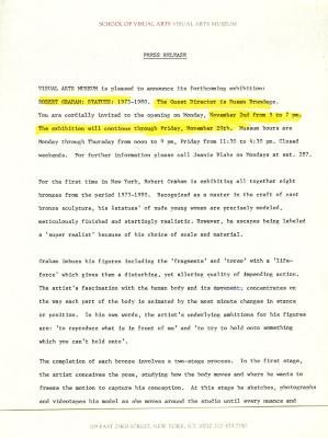 Press Releases depicts: Typewritten description of exhibition